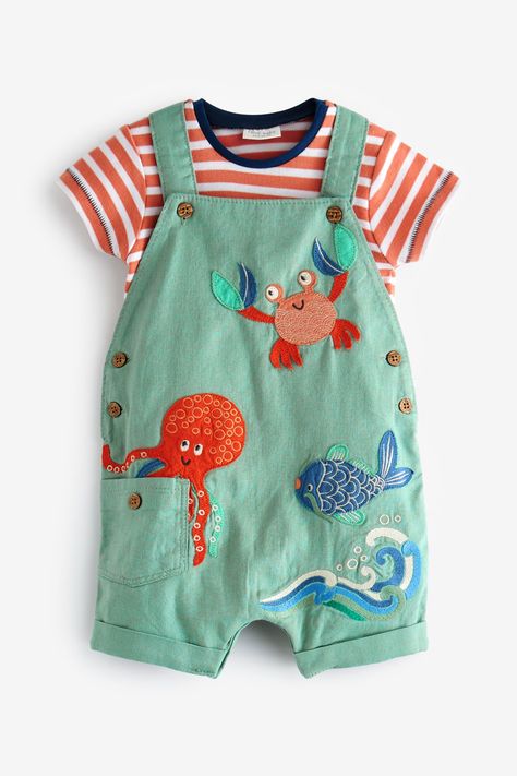 Buy Blue/Green Sealife Appliqué Baby 2 Piece Denim Dungaree and Bodysuit Set (0mths-2yrs) from Next USA Newborn Baby Outfits Boy, Baby Boy Dungarees, Baby Clothes Boy, Elegant Office Wear, Short Dungarees, Baby Mode, Baby Bug, Denim Dungaree, Newborn Baby Clothes