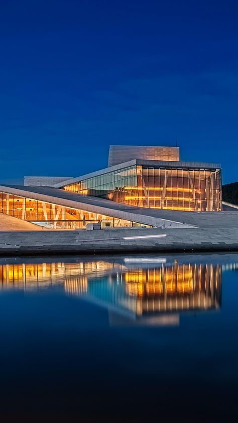 Oslo Opera House Architecture, Norwegian Architecture, Oslo Opera House, Travel Norway, Nordic Architecture, Dream Water, Modern Theatre, Marble House, Facade Lighting