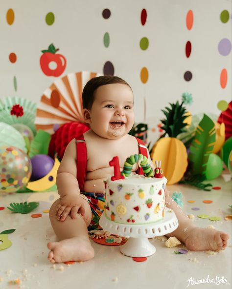 The Very Hungry Caterpillar Photo Shoot, Hungry Caterpillar Birthday Smash Cake, The Very Hungry Caterpillar Birthday Cake, Eric Carle First Birthday, Very Hungry Caterpillar Cake Smash, The Hungry Caterpillar Party, Hungry Caterpillar Smash Cake, Hungry Caterpillar Birthday Cake, Hungry Caterpillar First Birthday