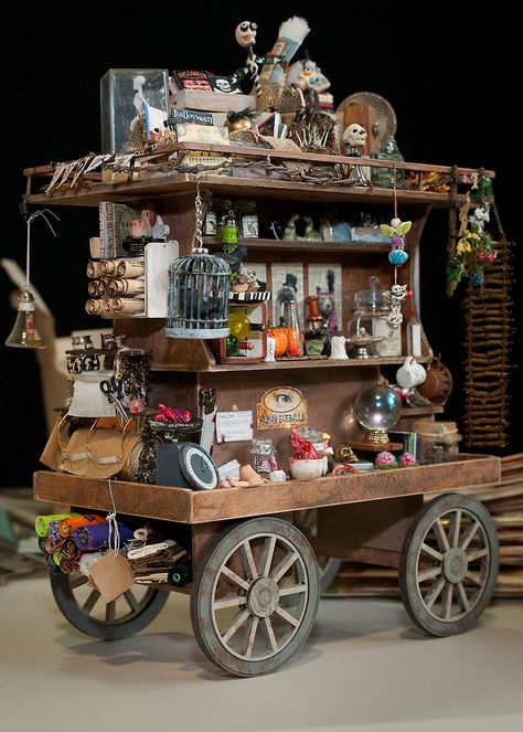 Goblin Market Aesthetic, Merchant Wagon, Miniature Street, Goblin Market, Inspo Pictures, Wooden Cart, Miniature Scenes, Haunted Dollhouse, Halloween Miniatures