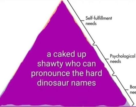 Maslow's hierarchy - caked up shorty who can pronounce the hard dinosaur names Maslow Hierarchy, Caked Up, Dinosaur Names, Flirty Memes, Maslow's Hierarchy Of Needs, Basic Needs, Caking It Up, Your Crush, Funny Images