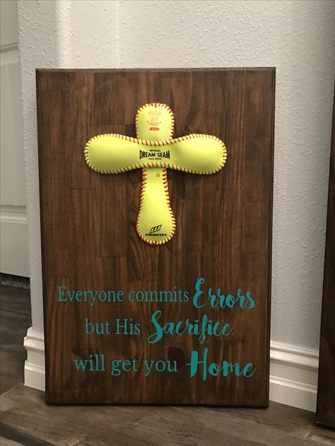 Softball Cross Board  Softball Decor   https://m.facebook.com/loveyourtribecreations/?ref=bookmarks Softball Cross, Softball Decor, Softball Decorations, Softball Ideas, Softball Crafts, Senior Softball, Softball Quotes, Baseball Signs, Softball Gifts