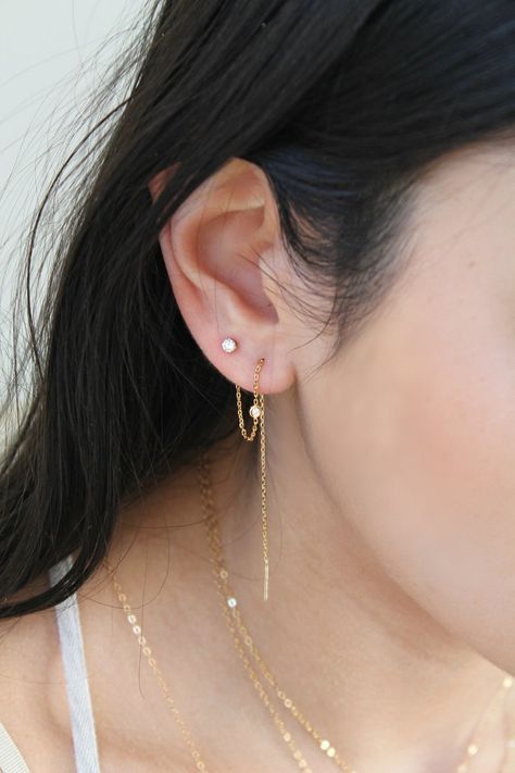 2 Ear Piercings, 3 Ear Piercings, Double Pierced Earrings, Second Ear Piercing, Double Stud Earrings, Embossed Jewelry, Threader Earrings Gold, Double Piercing, Thread Earrings