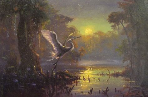 Swamp Mural, Swamp Scene, Cypress Swamp Painting, Swamp Sunset Painting, Swamp Oil Painting, Birdy, Travel Usa, Digital Illustration, Favorite Places