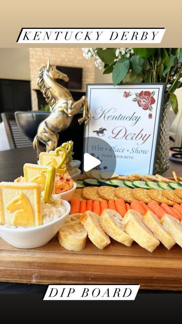 Macy Blackwell on Instagram: "Derby Dip Board!🐎 I got so excited when this popped up on my Pinterest feed, because how cute!!! Inspired by @thebakermama! You can do this with any dips of your choosing; store bought or homemade! Here’s what I did: 

- pimento cheese
- garlic hummus
- carmelized onion dip
- chicken salad

* I used Chessman cookies (only the horses) and birthday candle (with wicks cut off) for the numbers!
* For dippers I used everything bagel pita chips, cucumbers, crackers, carrots, and mini baguette slices 

#kentuckyderby #kentuckyderbyparty #derbyparty #kentuckyderbyfood #derbyfood #derbyrecipes" Chessmen Cookies, Kentucky Derby Food, Garlic Hummus, Carmelized Onions, Onion Dip, Sliced Baguette, Pimento Cheese, Snack Attack, Pita Chips