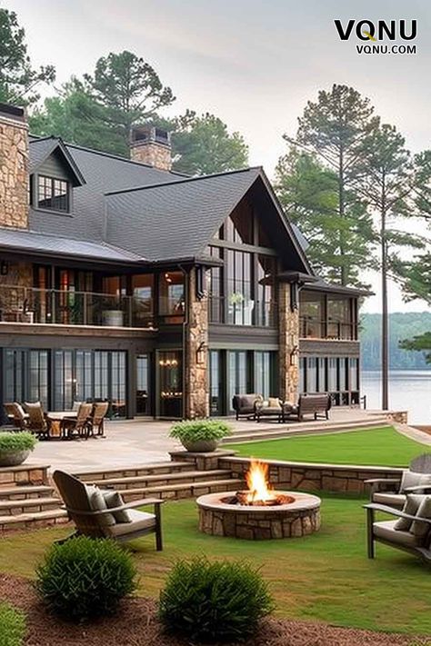 Lakeside Luxury: Elegant Home with Fire Pit Lake House Inspiration, French Lake House, Luxury Cabin Homes, Lakehouse Backyard, Lake Home Interior, Lake View Homes, Luxury Lake House, Modern Cabin Exterior, Muskoka Cottages