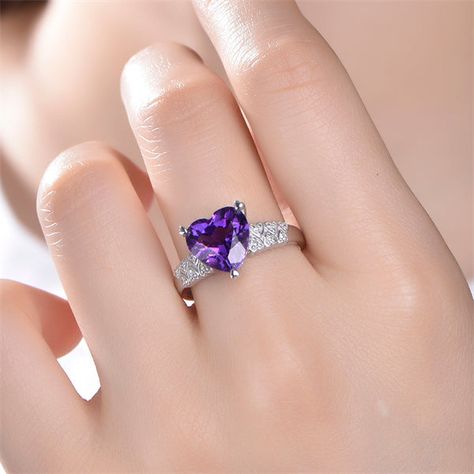 Heart Shaped Purple Amethyst Full Cut Diamond Lovely Hearts Ring Purple Ring Aesthetic, Purple Diamond Ring, Heart Shaped Engagement Rings, Amethyst Engagement Ring, Micro Pave Ring, Purple Ring, Amethyst Ring Engagement, Future Engagement Rings, Purple Rings