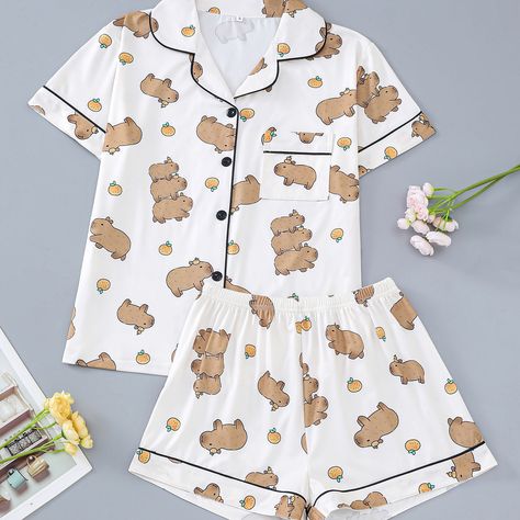 Faster shipping. Better service Sleepwear Women Pajamas, Cute Capybara, Pajama Short, Silky Pajamas, Lapel Top, Satin Set, Plus Lingerie, Elastic Shorts, Women's Sleepwear