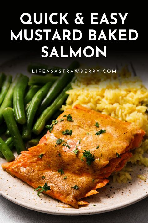 Mustard Roasted Salmon - This easy baked salmon is perfect for busy weeknights! One of our favorite healthy fish recipes. Mix up an easy dijon mustard sauce with some maple syrup and lemon juice, brush it over your salmon fillet, and bake in the oven for a quick dinner. Serve with your favorite salad, pasta, or other sides. You can even bake this salmon straight from frozen if you need to! Healthy Fish Recipes, Dijon Mustard Sauce, Salmon Fillet, Favorite Salad, Healthy Weeknight Meals, Healthy Weeknight Dinners, Salmon And Rice, Salad Pasta, Fish Recipes Healthy