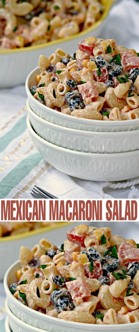 This Mexican Macaroni Salad recipe is a very versatile summer salad perfect for picnics and barbecues. I love serving it at family BBQ's as a side dish. Spanish Macaroni, Mexican Macaroni Salad Recipe, Mexican Macaroni, Mexican Macaroni Salad, Macaroni Salad Ingredients, Layered Salad Recipes, Shrimp Salad Recipes, Mason Jar Salad Recipes, Spinach Salad Recipes