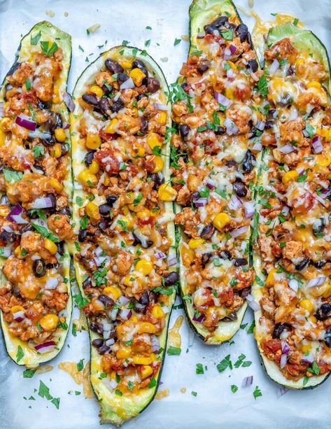 Taco Stuffed Zucchini, Stuffed Zucchini Boats, Stuffed Zucchini, Zucchini Boats, Clean Food Crush, Food Crush, Clean Food, Chicken Alfredo, Clean Eats