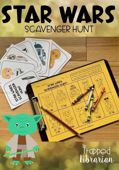 This free Star Wars Scavenger Hunt is a fun activity for your elementary library or classroom.  Click for a fun and free Star Wars game idea, along with a list of Star Wars books for kids.  #thetrappedlibrarian #starwars Star Wars Scavenger Hunt, Star Wars Scavenger, Star Wars Activities, Diy Paper Art, Scavenger Hunt Clues, Star Wars Crafts, Star Wars Books, Elementary Library, Scavenger Hunt For Kids