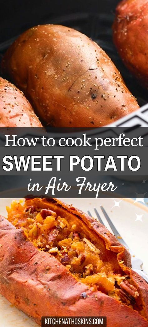 Learn how to make the best baked sweet potatoes in air fryer that is easy, turns out light and fluffy and is one of the best ways to roast whole sweet potato. This sweet potato recipe can be a simple Thanksgiving side dish or made into twice baked, mashed or a casserole. Get the easy air fryer baked sweet potato recipe at kitchenathoskins.com. Air Fryer Sweet Potatoes, Easy Sweet Potato Recipes, Sweet Potato Benefits, Sweet Potato Recipes Baked, Twice Baked Sweet Potatoes, Baked Sweet Potatoes, Sweet Potato Skins, Quick Side Dishes, Healthy Vegetable Recipes