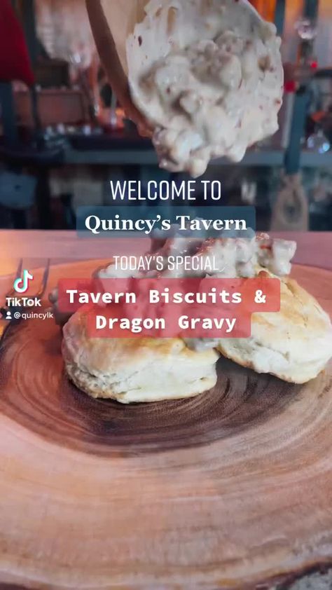 Tavern Biscuits & Dragon Gravy! . This is an updated version of one of the first recipes I made for the tavern! Fixed a few things for the upcoming... | By Quincy's Tavern Tavern Food Recipes, Fantasy Tavern Food, Dnd Food Recipe, Tavern Party, Tavern Aesthetic, Taverns Recipe, Tavern Food, Game Of Thrones Food, Dnd Food