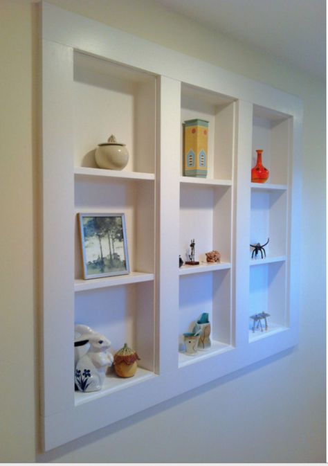 In-Wall Display Case Between The Studs, Bathroom Wall Storage, Wall Storage Shelves, Shelves Diy, Eclectic Living Room, Curio Cabinet, Built In Shelves, Cool Ideas, Wall Storage