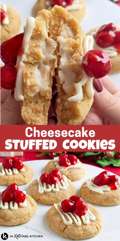 Cream Cheese Stuffed Snickerdoodle Cookies, Cheesecake Filled Cookies Recipes, Cheesecake Filling For Cookies, Cream Cheese Cherry Cookies, Stuffed Cheesecake Cookies, Cherry Pie Stuffed Cookies, Stuffed Gourmet Cookies, Cream Cheese Stuffed Cookies, Stuffed Cookies Recipes