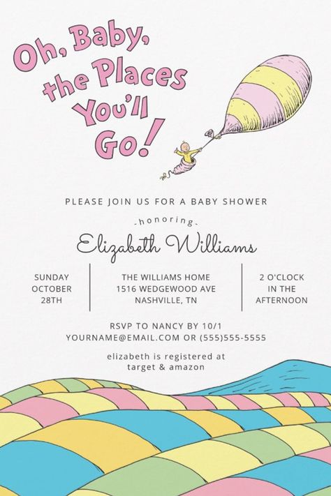 Oh, Baby, the Places You'll Go Girl Baby Shower Invitation
Invite all your family and friends to your Baby Shower with these sweet invitations from Dr. Seuss. Personalize by adding all your shower details! Oh Baby The Places Youll Go Baby Shower Theme, Oh Baby The Places Youll Go, Dr Seuss Themed Nursery, Oh The Places Youll Go Baby Shower Theme, Oh The Places Youll Go Baby Shower, Oh The Places Shell Go Baby Shower Theme, Oh The Places You Will Go Baby Shower Theme, Oh The Places You’ll Go Baby Shower, Oh The Places Youll Go Baby Shower Ideas