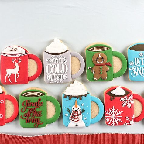 These cookies are so much fun to snack on at holiday dinner. Christmas cocoa mugs with fun Coffee Mug Cookie, Christmas Coffee Cup Cookies Decorated, Coffee Cup Sugar Cookies, Mug Cookies Decorated, Cup Cookies Decorated, Coffee Cup Cookies Decorated, Christmas Mug Cookies, Coffee Mug Cookies, Mug Sugar Cookie