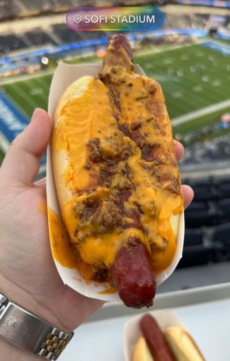 Stadium food , chili cheese dog , football game , super bowl , junk food , good eats Stadium Food, Chili Dog, Food Truck Menu, Chili Cheese Dogs, Dog Football, Cheese Dog, Chili Dogs, Character Board, Bowl Food