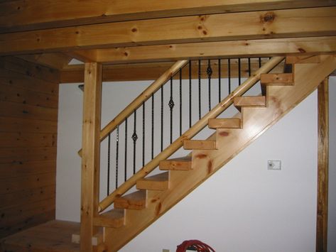 stair rails | joated | Flickr Basement Stair Railing Ideas, Basement Stairway, Basement Stairs Remodel, Wood Railings For Stairs, Basement Movie Room, Diy Stair Railing, Basement Stairs Ideas, Metal Stair Railing, Wrought Iron Railings