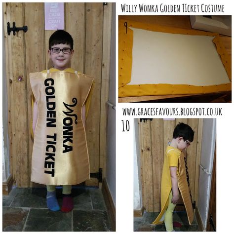 Grace's Favours - Craft Adventures: How to Make a Willy Wonka Golden Ticket Costume for World Book Day Golden Ticket Costume Diy, Golden Ticket Costume, Wonka Week, Golden Costume, Willy Wonka Golden Ticket, Wonka Golden Ticket, Wonka Costume, Book Characters Dress Up, Willy Wonka Costume