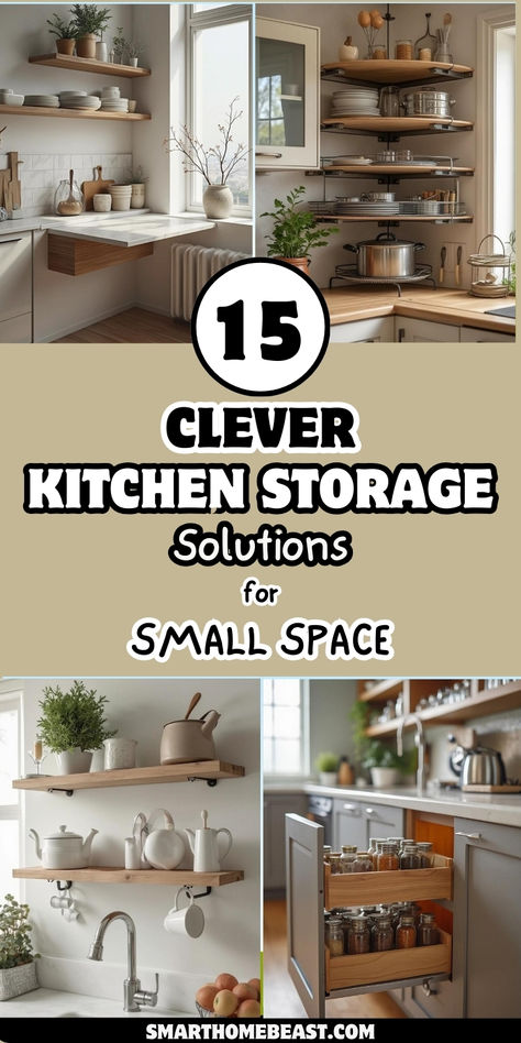 15 clever kitchen storage solutions for a small space that maximize every inch. From wall-mounted racks to hidden shelves, these ideas keep your kitchen clutter-free and functional. Perfect for compact kitchens! #KitchenStorage #SmallSpaceSolutions #OrganizedKitchen Kitchen In A Cupboard Small Spaces, Storage For A Small Kitchen, Clever Kitchen Storage Space Saving, Small Kitchen Hacks Space Saving, Small Space Kitchen Ideas, Hidden Shelves, Wall Mounted Kitchen Storage, Small Kitchen Hacks, Compact Kitchens