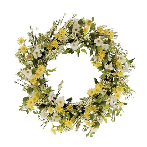 Spruce up your home and bring some life to your decor with a beautiful daisy and dogwood flower 30-inch wreath. Add a touch of elegance and a splash of color, perfect for spring decoration or adding warmth to any season. Designed for indoor or outdoor use, transform any space with the versatile wreath. The vibrant yellows hues and white daisies cover the 30-inch diameter of the wreath to welcome joyful vibes. Hang the wreath with ease of mind knowing the twig ring base is durable and long lastin Heather Wreath, Spring Floral Wreath, Dogwood Flower, Spring Roses, Spring Door Wreaths, Dogwood Flowers, Artificial Wreath, Yellow Daisies, Spring Door