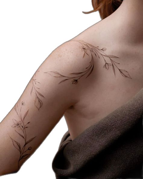 Brown Tattoo Ink, Aesthetic Tattoo Ideas, Feminine Shoulder Tattoos, Around Arm Tattoo, Wrap Around Tattoo, Cowgirl Tattoos, Unique Tattoo Ideas, Small Shoulder Tattoos, Wrap Tattoo