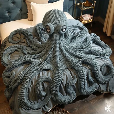 Introducing the Octopus-Inspired Knitted Couch Blanket, a cozy and whimsical addition to your home. Crafted from ultra-soft yarn, this blanket features intricate, tentacle-like extensions that mimic the elegance of an octopus. Perfect for chilly evenings, it offers both warmth and a touch of marine magic to your living space. Conceptual AI Art Follow @ecosapiens for more! Couch Blanket, Fantasy Fashion, Soft Yarn, Handmade Home, Octopus, Fiber Art, Crochet Blanket, Amigurumi, Gift Ideas