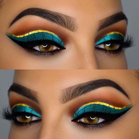 Reminds me of Egypt somehow. Cool Color Eyeshadow Looks, Safari Eyeshadow Looks, Cleopatra Make-up, Jasmine Makeup, Cleopatra Makeup, Egyptian Makeup, Make Up Designs, Pretty Eyeshadow, Drag Make-up