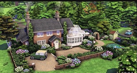 Ts4 Landscape Cc, Sims Landscaping, English Cottage Floor Plans, English Countryside Cottage, English Countryside Home, Sims Lots, Sims 4 Cottage, Country Cottage Garden, English Houses