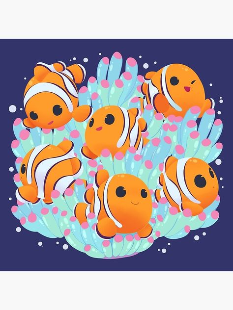 "Clownfish Playground" Art Print by Comiquarium | Redbubble Clownfish Illustration, Clownfish Drawing, Clown Fish Art, Species Poster, Art Aquarium, Fish Cute, Bio Happy, Cartoon Fish, Gouache Art