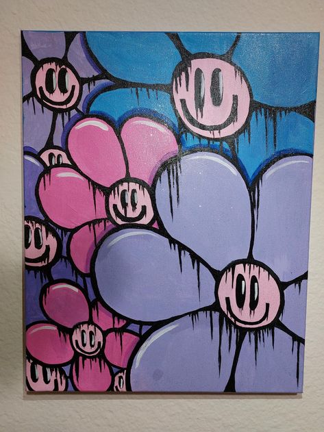 Acrylic painting with glittery clear protective top coat  16x20 canvas ready to hang  @isaaareyyy on all my socials Flower Street Art, Graffiti Flowers Art, Paint Playhouse, Rectangle Canvas Painting Ideas, Cute Paintings On Canvas Easy, Collage Painting Ideas, Acrylic Paint Ideas, Acrylic Marker Art, Kaws Drawing