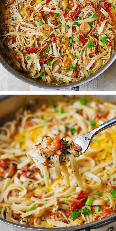 Garlic Shrimp and Sun-Dried Tomatoes with Pasta in Spicy Cream Sauce – a delicious, Italian-inspired seafood pasta recipe.   If you want to make something different with shrimp, try this recipe! It’s easy and you’ll love it if you like sun-dried tomatoes. #shrimp #pasta #shrimppasta Pasta Creamy, Creamy Shrimp Pasta, Garlic Shrimp Pasta, Seafood Pasta Recipes, Italian Comfort Food, Shrimp Dishes, Seafood Pasta, Garlic Shrimp, Sun Dried Tomatoes