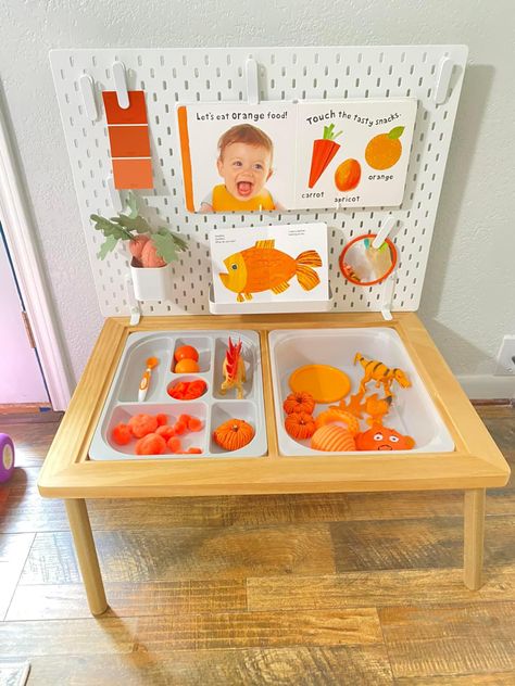 Ikea Sensory Table Ideas, Sensory Bin Table, Sensory Table Ideas, Sensory Activities For Toddlers, Ikea Flisat Table, Table Activities, Flisat Table, Color Learning, Toddler Sensory Bins