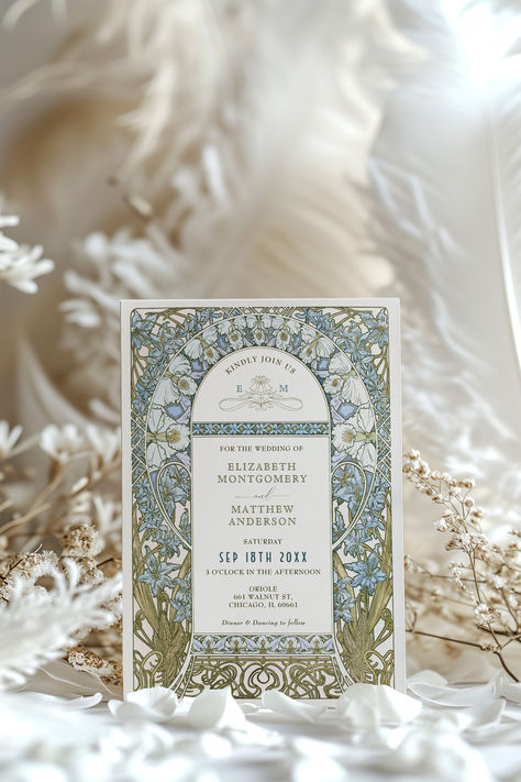 Dusty Blue Cornflower Wedding Art Nouveau Mucha Invitation Wedding Frame Invitation, Syrian Culture, Cornflower Wedding, Art Nouveau Invitation, Art Nouveau Theme, Art Nouveau Wedding Invitation, Wedding Invitations Floral, Art Nouveau Wedding, Art Nouveau Mucha