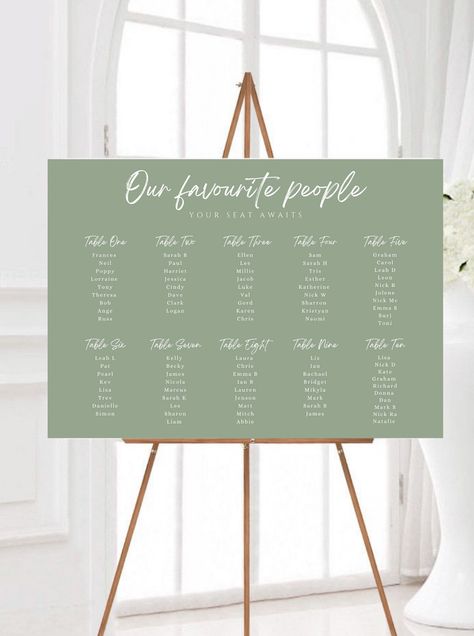 Fully Customisable Sage and White Wedding Seating Chart | Sage Table Plan Sign | Wedding Seating Plan Chart | Olive Wedding Decor  - M A T E R I A L - Foamex Sign Foam Board 3mm Printed Full Colour Rigid Plastic Board. The Foamex boards are light and durable and can be propped up against an easel. - S I Z E S - Available in size A0, A1 & A2 in either 3mm or 5mm Thickness. Please email personalisation details to info@zoejenniferdesign.co.uk after purchasing.  Once your design is complete I will s Safe And White Wedding, Sage Green Wedding Table Plan, Sage Green And Cream Wedding Decorations, Sage Green Wedding Centerpieces Round Table, Gold And Sage Wedding Theme, Sage Green And White Wedding Decor, Sage Green Wedding Ceremony Decor, Wedding Seating Chart Ideas Table Plans, Sage Green Country Wedding