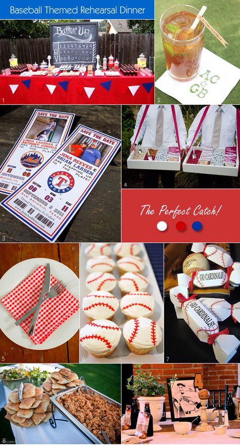 Baseball themed party ideas such as table decor, favors, food Themed Rehearsal Dinner Ideas, Themed Rehearsal Dinner, Rehearsal Dinner Ideas, Baseball Party Favors, Baseball Wedding, Baseball Theme Party, Baseball Birthday Party, Baseball Party, Baseball Theme