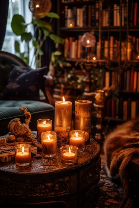 Maximalist Decor With Candles Dark Academia Book Nook, Maximalist Witch Decor, Organic Maximalism, Moody Eclectic Decor, Moody Maximalist Decor, Dark Maximalist Decor, Decor With Candles, Dark Maximalism, Moody Maximalist