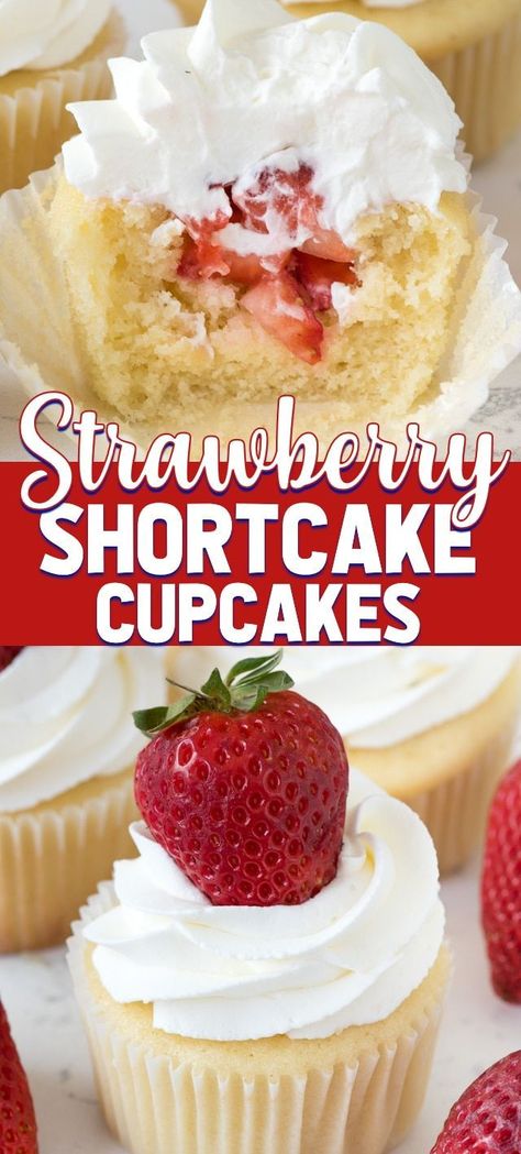 Strawberry Shortcake Cupcakes are my favorite vanilla cupcake recipe filled with fresh strawberries and a whipped cream frosting! These easy cupcakes are a delicious twist on a strawberry shortcake recipe. #recipe #easy #cupcakes Fruit Cupcake, Cupcakes Fruit, Strawberry Shortcake Cupcakes, Shortcake Cupcakes, Cupcakes Strawberry, Strawberry Shortcake Cupcake, Strawberry Shortcake Recipe, Cupcakes Birthday, Vanilla Cupcake Recipe