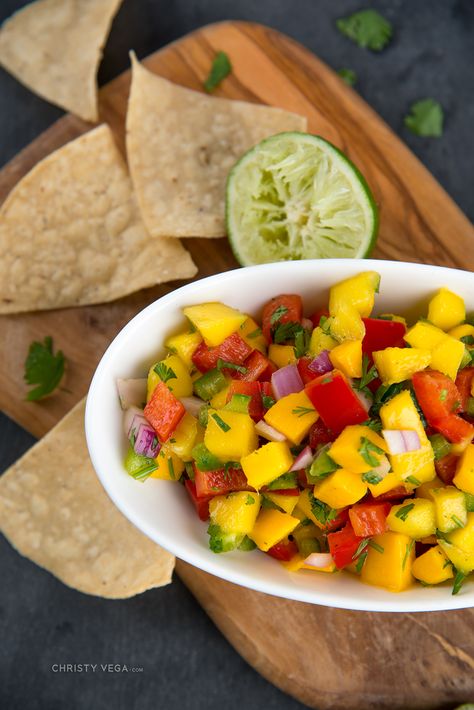 Mango Salsa - Christy Vega Easy Peach Salsa, Pickle Banana Peppers Recipe, Peach Salsa Recipe, Recipe For Fish, Peach Salsa Recipes, Food Substitutions Healthy, Pickled Banana Peppers, Plum Jam Recipes, Peach Jam Recipe