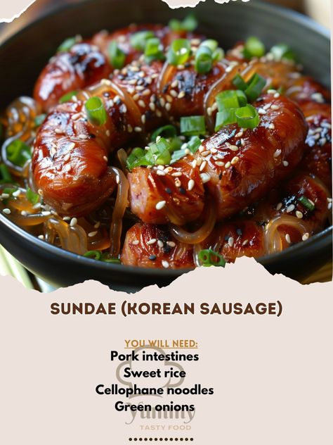 🌭 Try the unique taste of Korean Sundae! 🌭 #KoreanSausage #UniqueEats Sundae (Korean Sausage) Ingredients: Pork intestines (1 lb, cleaned) Sweet rice (1 cup, cooked) Cellophane noodles (1 cup, cooked and chopped) Green onions (1/2 cup, chopped) Garlic (2 cloves, minced) Salt (1 tsp) Black pepper (1/2 tsp) Sesame oil (1 tbsp) Instructions: Mix cooked rice, noodles, green onions, garlic, salt, pepper, and sesame oil. Stuff the mixture into cleaned pork intestines. Steam for 30-40 minutes un... Korean Sundae, Korean Sausage, Cellophane Noodles, Sausage Ingredients, Cozy Fall Recipes, Sweet Rice, Cooked Rice, Festive Drinks, Chopped Garlic