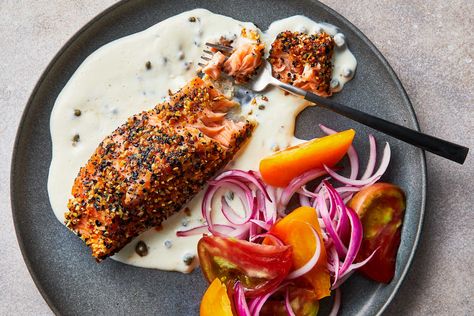 Everything Salmon With Creamy Caper Sauce Recipe Creamy Caper Sauce, Everything Salmon, Weeknight Salmon, Caper Sauce, Salmon And Shrimp, Seafood Entrees, Seafood Recipe, Fish Fillets, Bagel Seasoning