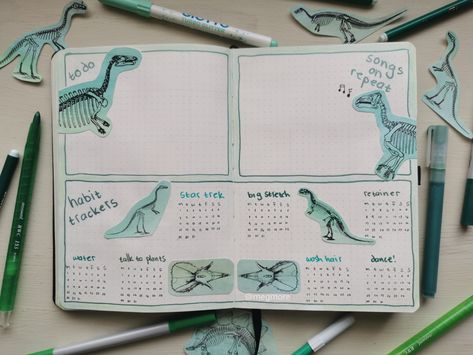 Green cutout dinosaurs Dinosaur Bullet Journal, Dinosaur Journal, A To Do List, January Bullet Journal, Habit Tracker Bullet Journal, Habit Trackers, Bullet Journal Themes, Bullet Journal Writing, Dinosaur Theme