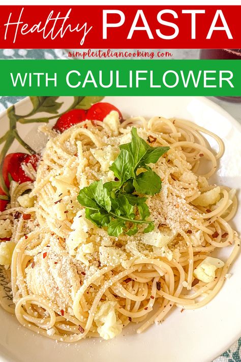 Here's a great way to enjoy your pasta with cauliflower! Yes, cauliflower that is seasoned with olive oil, garlic, and onions topped with some Romano cheese... wow! This simple Italian recipe is so easy and also healthy. It's a great way to add veggies to your Italian pasta meal. I include some variations you can also use to modify the recipe, like adding breadcrumbs, roasting the garlic, or adding other veggies. Enjoy this pasta recipe today! via @simpleitalian Pasta With Cauliflower Recipes, Cauliflower And Pasta Recipes, Cauliflower Spaghetti, Cauliflower Pasta Recipes, Cauliflower Dinner, Pasta With Cauliflower, Cannellini Beans Recipes, Italian Cooking Recipes, Cold Pasta Dishes