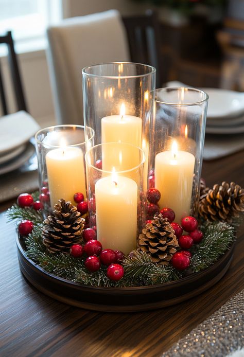 Cozy Christmas table centerpiece with candles in a glass container, surrounded by cranberries and pine cones in warm Circle Dining Table Christmas Decor, Round Dining Table Decor Christmas, Christmas Round Table Decorations, Cozy Christmas Cabin, Round Dining Table Decor, Circle Dining Table, Round Table Decor, Glass Circle, Winter Living Room