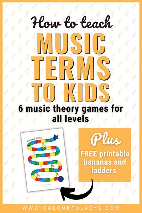 Download Bananas and Ladders, a fun game to teach music terms and symbols for all levels. Ask any non-musician to look at some sheet music, and they’ll say it looks like a foreign language… Because it is! For students at any level to progress in their studies, it’s important they speak the language of music. We think there’s no better way to learn musical terms and symbols than with games! I've put together 6 music theory games, including one for you to print out and try today...for free! Music Class Games, Preschool Music Lessons, Music Games For Kids, Musical Terms, Piano Teacher Resources, Learning Music Notes, Piano Teaching Games, Music Theory Games, Teaching Games