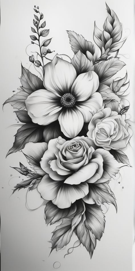 Peony And Sunflower Tattoo, Tattoo Arm Stencil, Black And White Flower Tattoo, Realistic Flower Tattoo, Flower Thigh Tattoos, Rose Shoulder Tattoo, Arm Tattoo Ideas, Flower Tattoo Drawings, Tattoo 2023