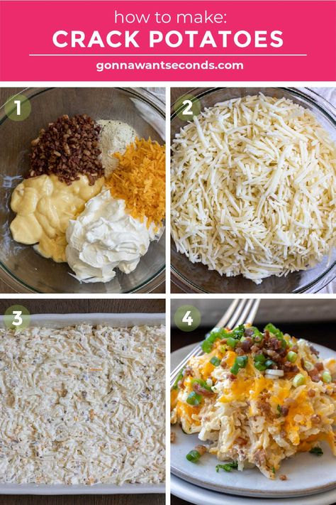 Crack potatoes are the easiest, most delicious potato dish to come around in a long time. 6 ingredients, 10 minutes of prep, and no peeling! #crackpotatoes #potatosides Cowboy Meals, Cheese Scalloped Potatoes, Cookout Ideas, Shredded Potatoes, Potato Recipes Side Dishes, Potato Sides, Potluck Dishes, Food Appetizers, Potato Side Dishes