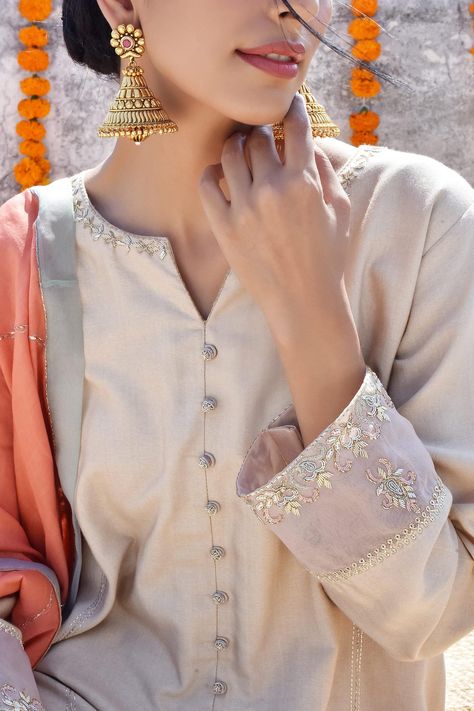 Shop Kanika Sharma Beige Tussar Cotton Hand Embroidered Kurta Pant Set Online at Aza Fashions Plain Suits, Beige Kurta, Embroidery Kurti, Pure Chiffon Sarees, Embroidery Suits Punjabi, Embroidery Fashion Detail, Flower Machine Embroidery Designs, Kurta Pant Set, Embroidered Suit